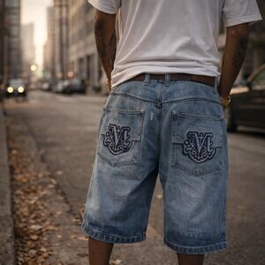 Vintage Tupac Makaveli Denim Shorts 48 Baggy Y2K Hip Hop Embroidered